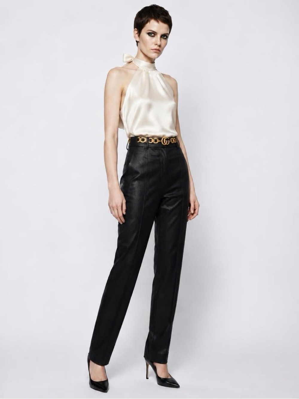 Gucci Black High-Waist Straight-Leg Leather Pants
